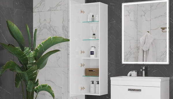 Пенал Velvex Estea 350, 350х296х1510 мм подвесной, 2 распашные дверцы, цвет белый матовый, в ванную комнату, влагостойкий, универсальный