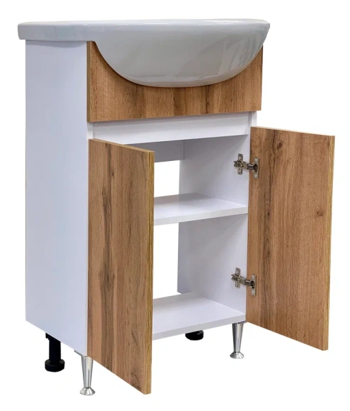 Тумба с раковиной GRADEONIKA Леда 55, 48,8х30,1х69,5 см, напольная, 2 распашные дверцы, ЛДСП, прямоугольная, цвет дуб вотан/белый, с доводчиками 51827