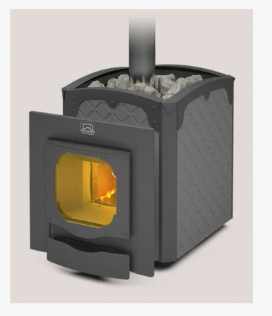 Печь Былина-24 Ч Панорама (1.1) ТЕПЛОДАР 24м³, (двери стекло 16"с обрамлением) напольная, пристенная, с открытой каменкой, с выносной топкой из предбанника, вертикальная, финская, масса камней 101 кг, на дровах/брикетах