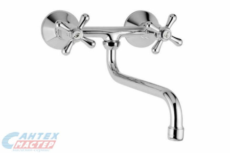 Смеситель для кухни/мойки Mofem Treff 301 двухвентильный, керамический, с поворотным изливом, длина 200 мм, латунь, цвет хром, кухонный, хромированный, настенный, кран, комплект, сантехника, водопроводные, размер, характеристики, высота, расстояние