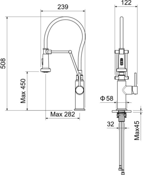 Смеситель для кухни/мойки Aquatek Европа однорычажный, гибкий/выдвижной, излив 239 мм, латунь, цвет матовый черный