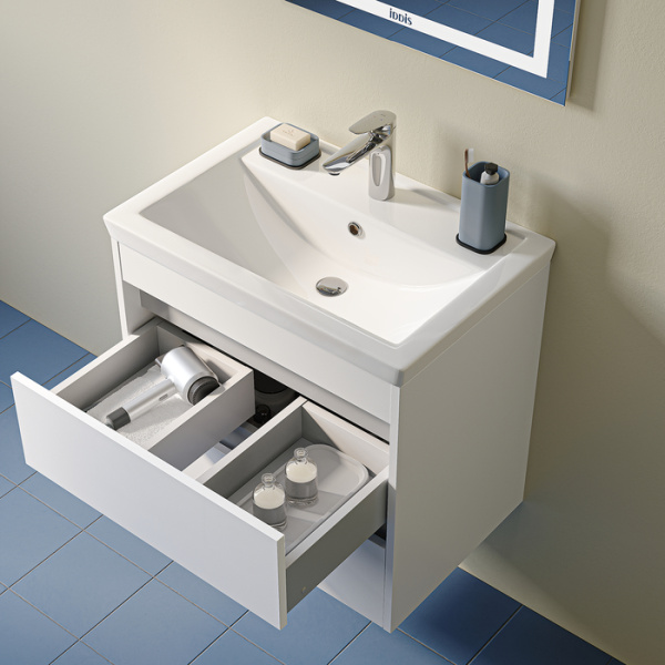 Тумба c раковиной IDDIS Zodiac X, 584х394х542 мм, подвесная, 2 выдвижных ящика, ЛДСП/раковина накладная, прямоугольная, цвет белый, санфарфор, отверстие под смеситель ZDX60W0i95K