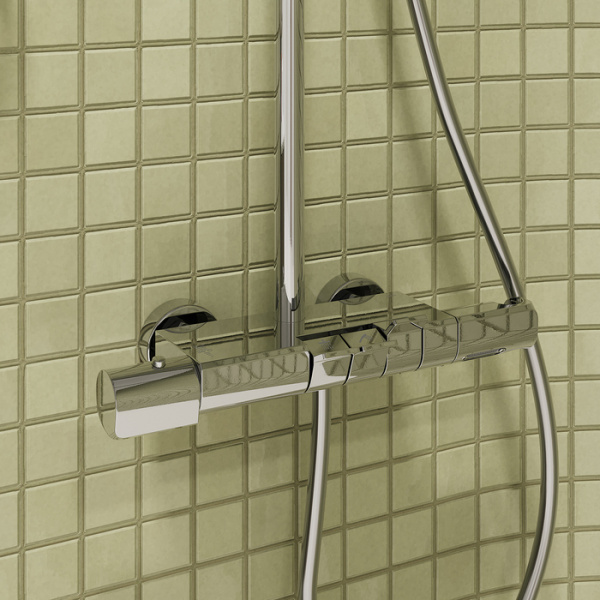 Душевая система IDDIS SpaHome термостатическая, наружного монтажа, высота 1060-1570 мм, цвет хром, комплект: смеситель/каскадный излив/тропический душ (с верхней лейкой) /стойка/лейка/шланг, клавишное управление, наружного монтажа SPHSBTKi06