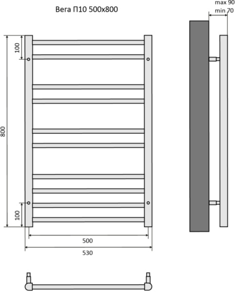 Полотенцесушитель Aquatek Вега водяной П10 500х800 мм черный муар, нержавеющая сталь, лесенка, подключение нижнее