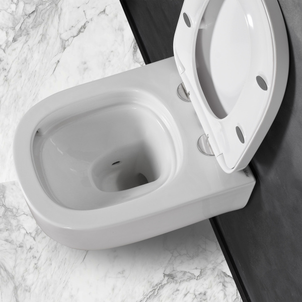 Унитаз подвесной ABBER Rechteck 520х390х350 мм цвет белый, горизонтальный (прямой) выпуск, смыв торнадо, безободковый, система антивсплеск, с сиденьем микролифт, дюропласт AC1218