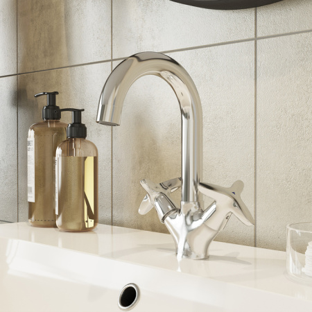 Смеситель для раковины/умывальника IDDIS Copter, двухвентильный, поворотный, керамическая кранбукса, длина излива 126 мм, латунь, цвет хром