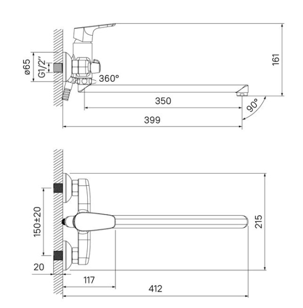 Смеситель для ванны/душа Iddis Zodiac ZODSBL2i10WA однорычажный, керамический, настенный, излив поворотный 399 мм, латунь, цвет хром, длинный