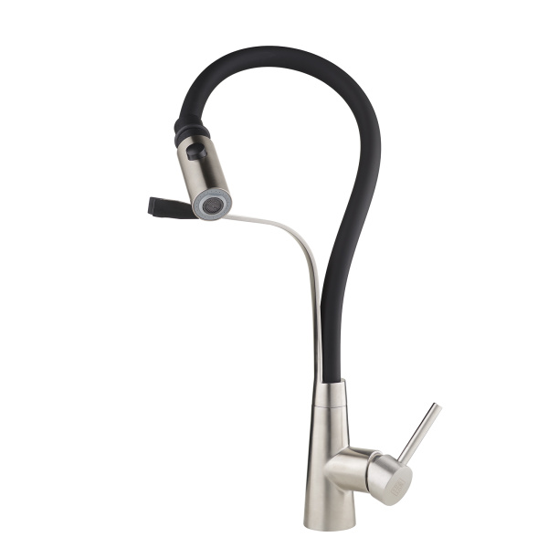 Смеситель для кухни/мойки AQUEDUC однорычажный, поворотный/гибкий, керамический, длина излива 250 мм, высота 240 мм, нержавеющая сталь/силикон, цвет сталь/черный 345734
