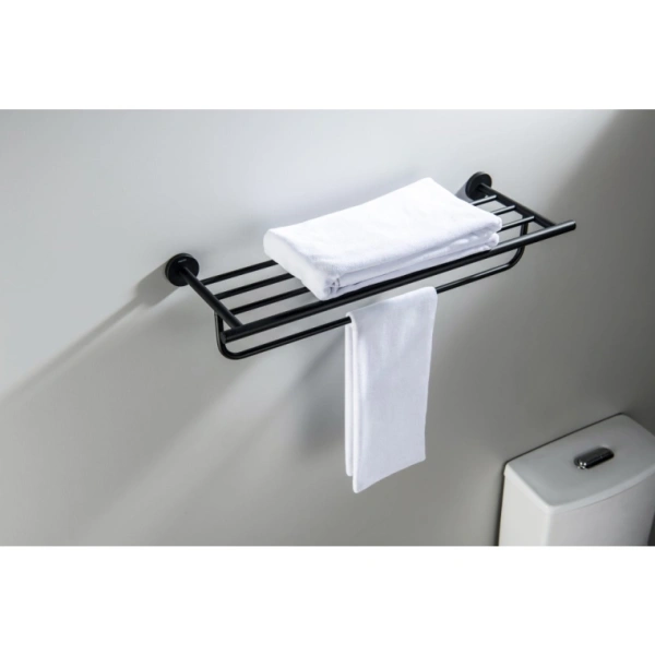 Полка Aquatek Оберон с полотенцедержателем, 600х220 мм настенная, цвет матовый черный, нержавеющая сталь/латунь, прямоугольная, подвесная, для душа/ванной