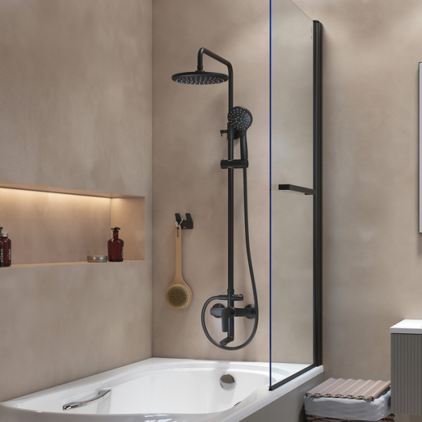 Душевая система IDDIS Ray высота- 1418 мм, настенная, цвет черный матовый, смеситель однозахватный, короткий излив, тропический душ (с верхней лейкой)/штанга/лейка/шланг, латунь, наружного монтажа RAYBL3Fi06