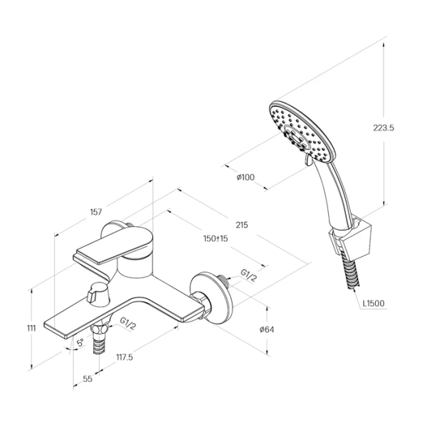 Смеситель для ванны/душа Milardo Azure настенный, однорычажный, неповоротный, излив 117,5 мм, керамический, латунь, цвет глянцевый хром AZUSB00M02