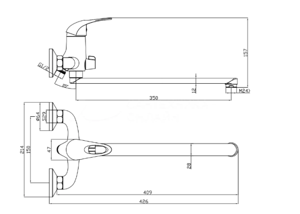 Смеситель для ванны/душа Olives VEGA однорычажный, керамический картридж, настенный, излив поворотный 350 мм, латунь, цвет хром 12221VE