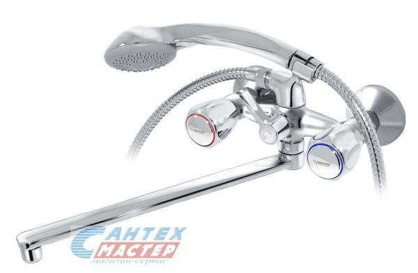 Смеситель для ванны/душа Варион Парма двухвентильный, резиновый, настенный, излив поворотный 400 мм, с гибким шлангом, душем/лейкой, латунь хром, длинный, универсальный, горизонтальный, вентильный, кран, комплект, сантехника, размер