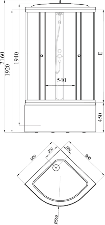 Душевая кабина 90х90х221 см Тритон Стандарт Б3 поддон высокий, полукруглая, угловая, без гидромассажа, с верхним душем, передние стекла (рисунок полосы), закрытая (9 мест+сифон D50)