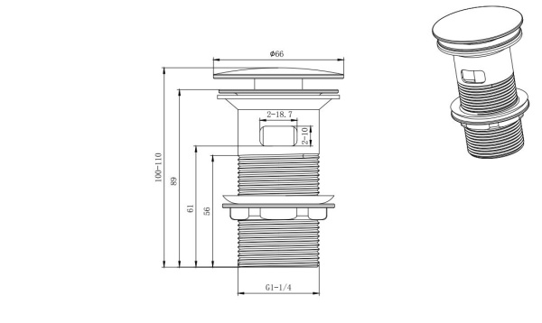 Донный клапан Aquatek AQ6001MB с переливом, цвет матовый черный, click/clack, 66х110 мм нержавеющая сталь, для раковины/умывальника