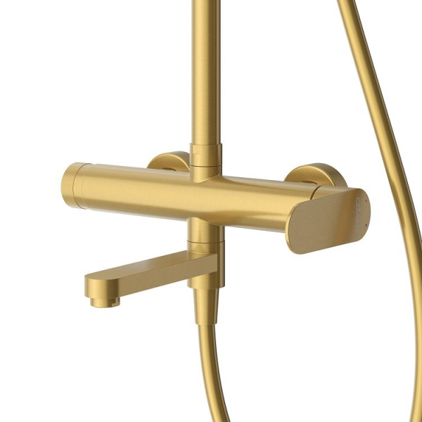 Душевая система Cezares Stylus высота 1507 мм, цвет брашированное золото, комплект: однорычажный смеситель/поворотный излив/тропический душ (с верхней лейкой)/стойка/лейка/шланг, наружного монтажа