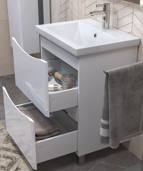 Тумба под раковину Vigo Glem 600-0-2, 56,8х44,6х80 см, напольная, 2 выдвижных ящика, ЛМДФ/ЛДСП, цвет: белый