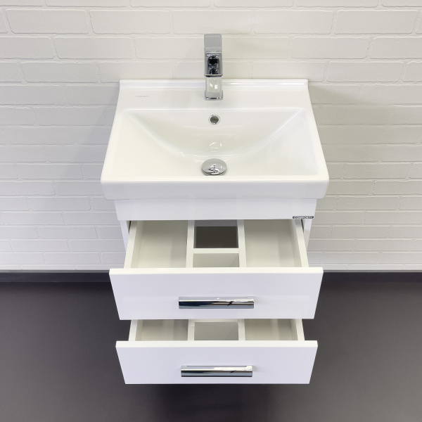 Тумба с раковиной Comforty Никосия 50П, 50х52х40 см, подвесная, 2 выдвижных ящика, ЛДСП/МДФ, прямоугольная, цвет- белый глянец/раковина Fest 50, прямоугольная, цвет белый, встраиваемая