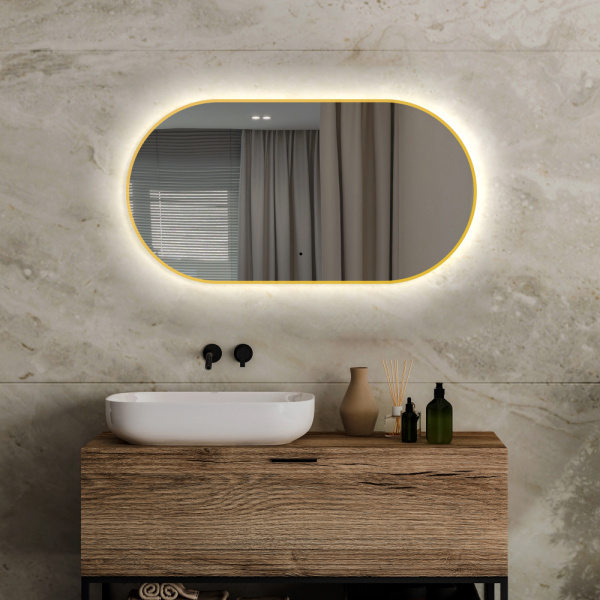 Зеркало Abber Kontur 55х105 см, с LED/ЛЕД-подсветкой, цвет рамы: золото, овальное, сенсорный выключатель, диммер, монтаж горизонтальный/вертикальный, для ванны, навесное/подвесное/настенное
