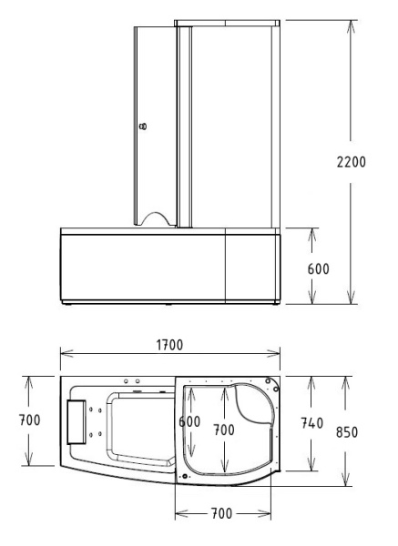 Ванна Gemy 170х85х220 акриловая совмещенная с душевой кабиной G8040 B R