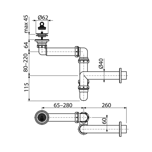 Сифон для мойки AlcaPlast экономящий пространство выпуск на 40 A413