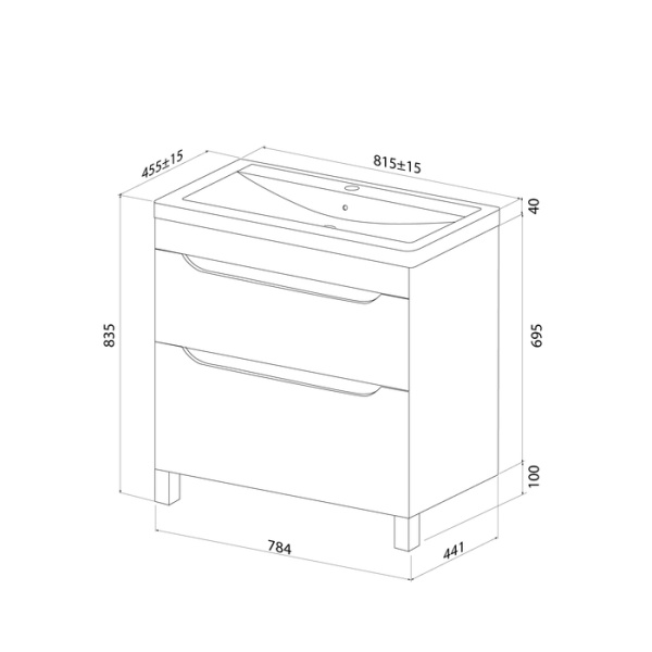 Тумба c раковиной IDDIS Ray, 815х455х835 мм, напольная, 2 выдвижных ящика, МДФ/раковина накладная, прямоугольная, цвет белый, санфарфор, отверстие под смеситель RAY80WFi95K