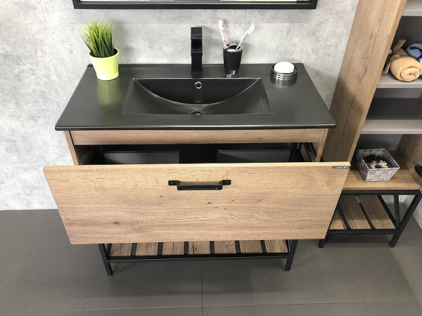 Тумба с раковиной Comforty Бредфорд 90, 91х87х46,5 см, напольная, 1 выдвижной ящик/открытые полки, ЛДСП/сталь, прямоугольная, цвет- дуб темный/раковина COMFORTY 90E, прямоугольная, цвет черный матовый, встраиваемая