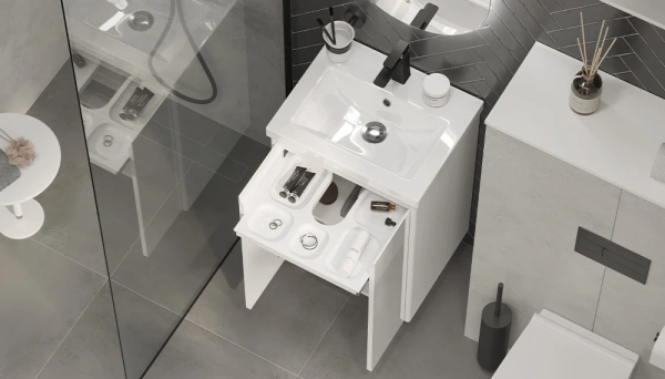 Тумба под раковину Velvex Klaufs 500-2-0, 489х386х700 мм, подвесная, цвет белый глянец, 2 распашные дверцы/1 полка/выдвижной органайзер, подходит раковина Como 50, универсальная, в ванную комнату