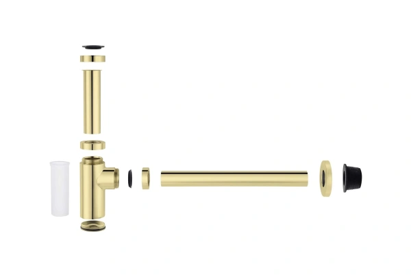 Сифон для раковины Aquatek AQ6012PG бутылочный, без выпуска, 1 1/4" горизонтальный/боковой выпуск (в стену), латунь/нержавеющая сталь, цвет полированное золото, для раковины/умывальника