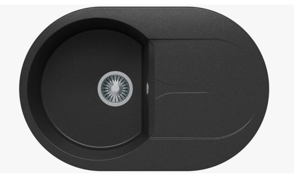 Мойка Polygran Atol-760 76х50х21.6 см, врезная, с правым/левым крылом, из искусственного камня, овальная, цвет черная, без отверстия под смеситель, слив-перелив, с сифоном, для кухни