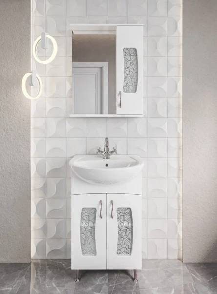 Тумба с раковиной GRADEONIKA Муза 55, 48,8х30,1х69,5 см, напольная, 2 распашные дверцы, вставка матовое стекло с орнаментом лотос, МДФ/стекло, прямоугольная, цвет белый, прямоугольная 53095