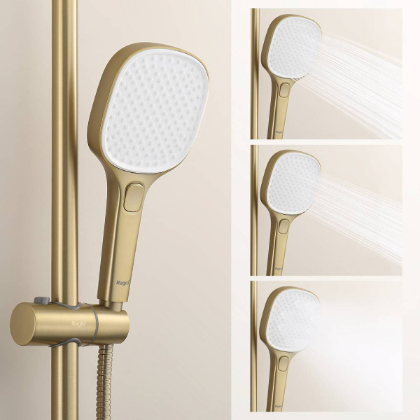 Душевая система Raglo R22.26.03 с термостатом, высота 1130-1480 мм цвет сатин золотой, комплект: термостатический смеситель/излив/тропический душ прямоугольный (с верхней лейкой)/лейка/стойка/шланг, латунь
