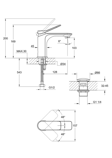 Смеситель для умывальника Cersanit ODRA 63050 однорычажный длина 128 мм, латунь, цвет хром с донным клапаном клик-клак