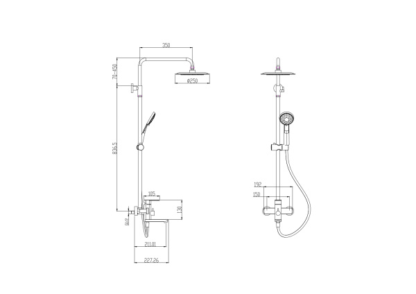 Душевая система Olives Estena высота 791-1171 мм, цвет черный, комплект: однорычажный смеситель/излив/тропический душ (с верхней лейкой)/стойка/лейка/шланг, наружного монтажа, нержавеющая сталь, форма круг