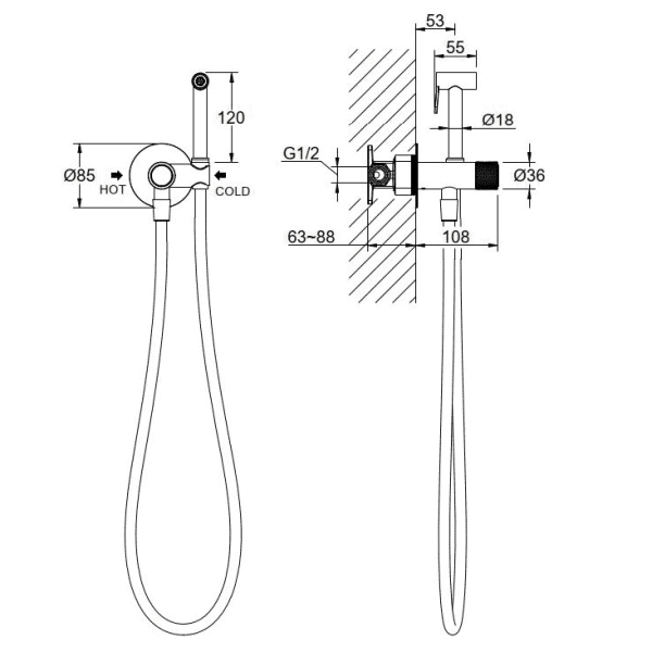 Смеситель с гигиеническим душем Aquatek Бетта встраиваемый, однорычажный, керамический, без излива, с гибким шлангом/лейкой, латунь, цвет оружейная сталь