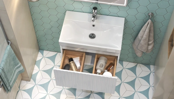 Тумба под раковину Velvex Compo 600-0-1, 596х390х343 мм подвесная, цвет белый глянец, 1 выдвижной ящик, подходит раковина 9696-60, универсальная, в ванную комнату