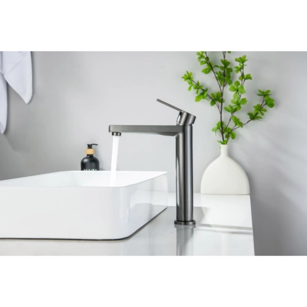 Смеситель для раковины/умывальника Aquatek Лугано однорычажный, неповоротный, фиксированный, высокий излив длина 171 мм высота 217 мм, латунь, цвет оружейная сталь