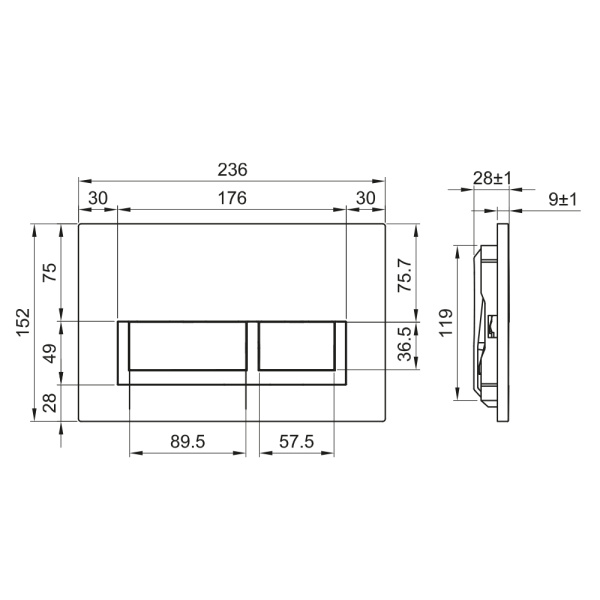 Кнопка смыва Olives Sierra, прямоугольная, цвет: черный матовый, пластик, клавиша управления для сливного бачка, инсталляции унитаза, двойная, механическая, панель, универсальная, размер 236х152х28 мм