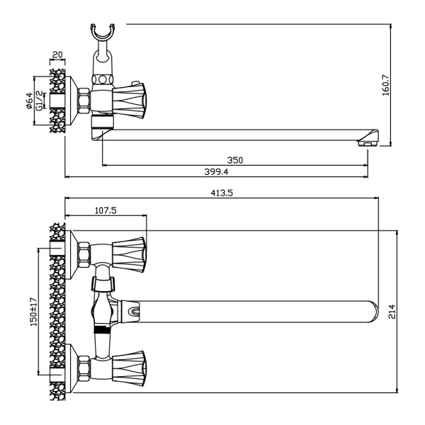 Смеситель для ванны/душа Olives Vigo двухвентильный, керамический, настенный, излив поворотный 350 мм, с гибким шлангом, душем/лейкой, латунь хром 21221VG