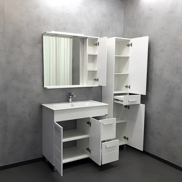 Тумба с раковиной Comforty Модена 90М, 91х87,5х46,5 см, напольная, 2 выдвижных ящика/1 распашные дверцы, ЛДСП/МДФ, прямоугольная, цвет- белый матовый/раковина Quadro 90, прямоугольная, цвет белый, встраиваемая