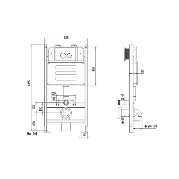 Инсталляция Olives EM50010 стандартная, без кнопки (клавиши смыва, двойного слива), система для подвесного унитаза, со скрытым смывным бачком (бак), комплект, размеры рамы (каркас) 500х900х110 мм