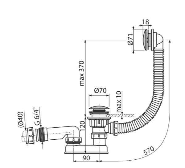 Обвязка AlcaPlast A504CKM для ванны автомат, click clac, полипропилен/металл, длина 57 см AG210135160