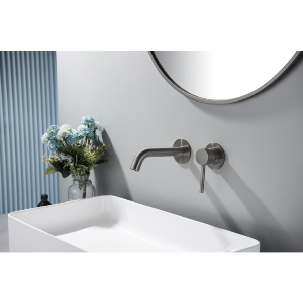 Смеситель для раковины/умывальника Aquatek Европа встраиваемый, однорычажный, неповоротный, латунь, длина излива 180 мм, керамический, цвет оружейная сталь