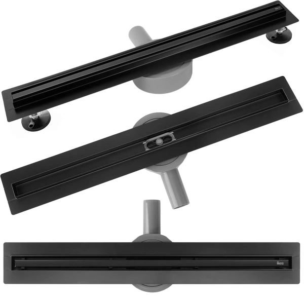 Трап щелевой REA NEOX SLIM PRO 700, D50, цвет черный матовый, для душа в полу, мокрый затвор, горизонтальный выпуск, нержавеющая сталь, прямоугольный