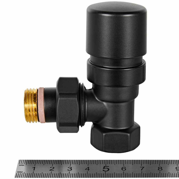 Клапан термостатический Stout Design 1/2" вн-нр. цвет черный, угловой, с полусгоном, сгоном, американкой, для радиатора отопления
