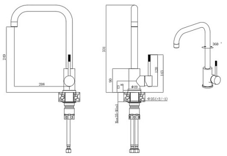 Смеситель для кухни/мойки Voda K57 однорычажный, поворотный, Г-излив, длина излива 208 мм высота 249 мм нержавеющая сталь, цвет сталь
