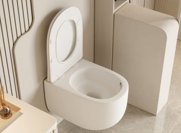 Унитаз подвесной ABBER Bequem 530х360х360 мм цвет белый матовый, горизонтальный (прямой) выпуск, система антивсплеск, смыв торнадо, безободковый, с сиденьем микролифт, дюропласт, под скрытый бачок AC1104TMW