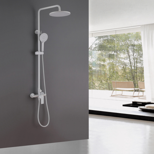 Душевая система ABBER Weiss Insel 900-1250 мм, цвет белый матовый, комплект: однорычажный, смеситель/тропический душ (с верхней лейкой)/стойка/лейка/шланг, настенный монтаж Душевая система ABBER Weiss Insel 900-1250 мм, цвет белый матовый, комплект: однорычажный, смеситель/тропический душ (с верхней лейкой)/стойка/лейка/шланг, настенный монтаж