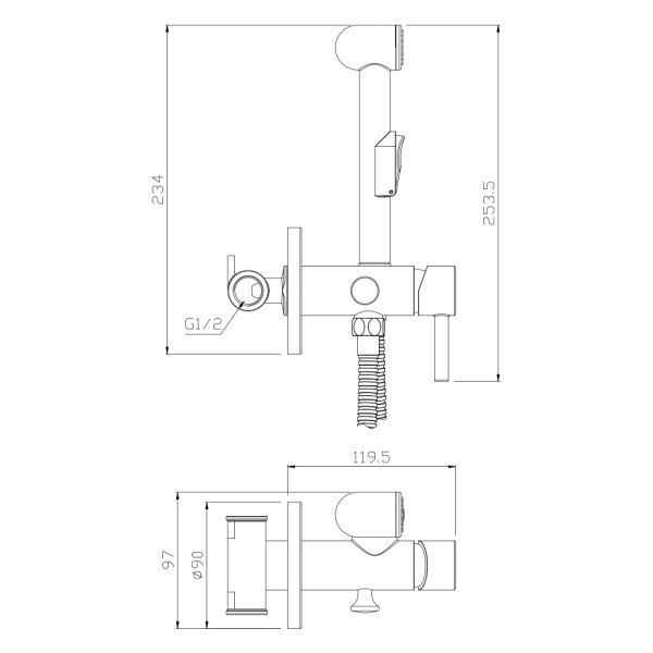 Смеситель с гигиеническим душем Olives Balear, встраиваемый, однорычажный, керамический, без излива, с гибким шлангом/лейкой, латунь, цвет черный матовый