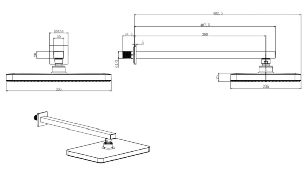 Верхний душ Aquatek AQ2081MB прямоугольный, 1 режим, размер 305х205 мм, латунь/пластик, цвет матовый черный, для душа/ванной, на стену, держатель для душа